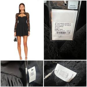 NWT Self-Portrait Tie-neck Mini Dress Black Lace Sleeves US 2 UK 6